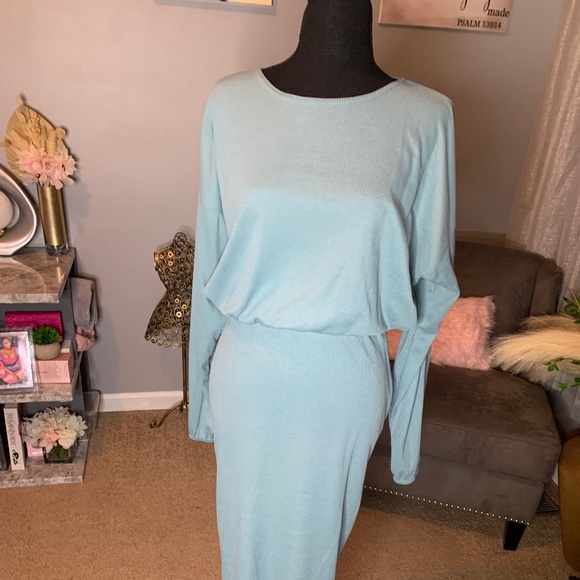 Pale Blue Ribbed Two Piece Midi Skirt Set - Picture 1 of 4